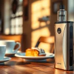 Caffeine vape device showcased in a cozy café setting with coffee cups and pastries.