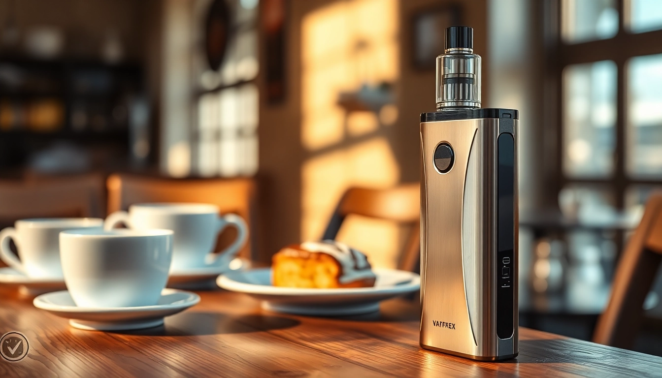 Caffeine vape device showcased in a cozy café setting with coffee cups and pastries.