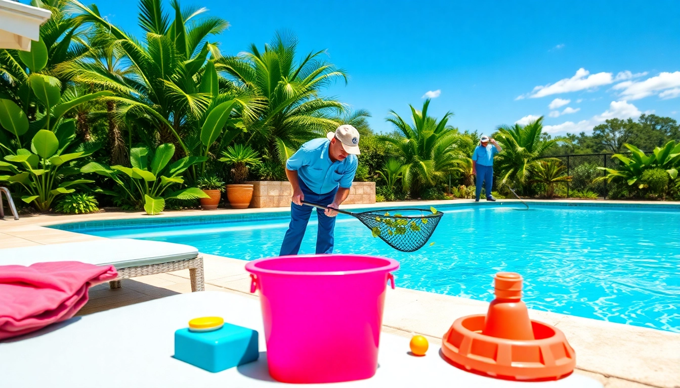 Reliable swimming pool service Pinellas County team maintaining a pristine pool in a sunny environment.
