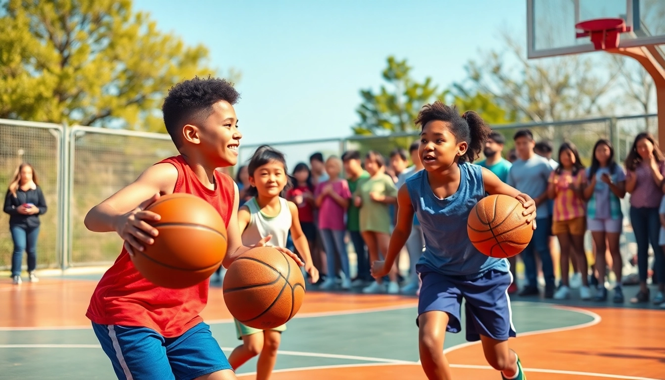 Young basketball enthusiasts playing energetically on an outdoor court, showcasing teamwork and joy.