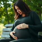 Supportive scene of a pregnant woman reflecting on her feelings about depression during pregnancy.