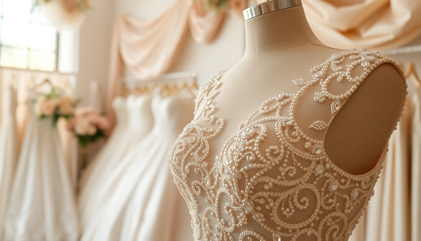 Showcase of beaded wedding dresses featuring intricate designs and luxurious details