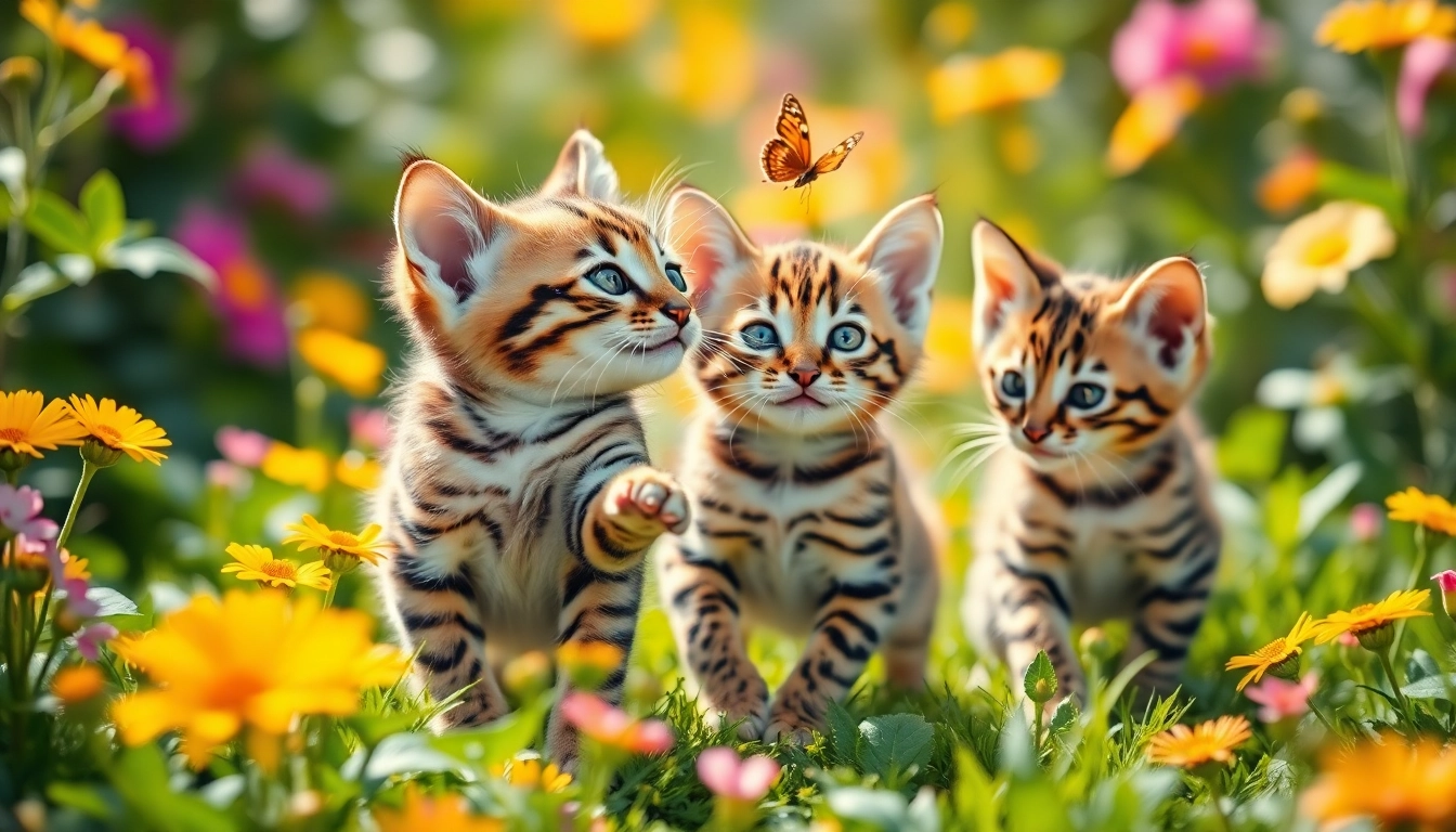 Playful Bengal Kittens for Sale frolicking in a colorful garden with vibrant flowers.