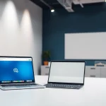 View of a modern office showcasing 美洽官网 on a laptop screen, emphasizing a professional and innovative workspace.