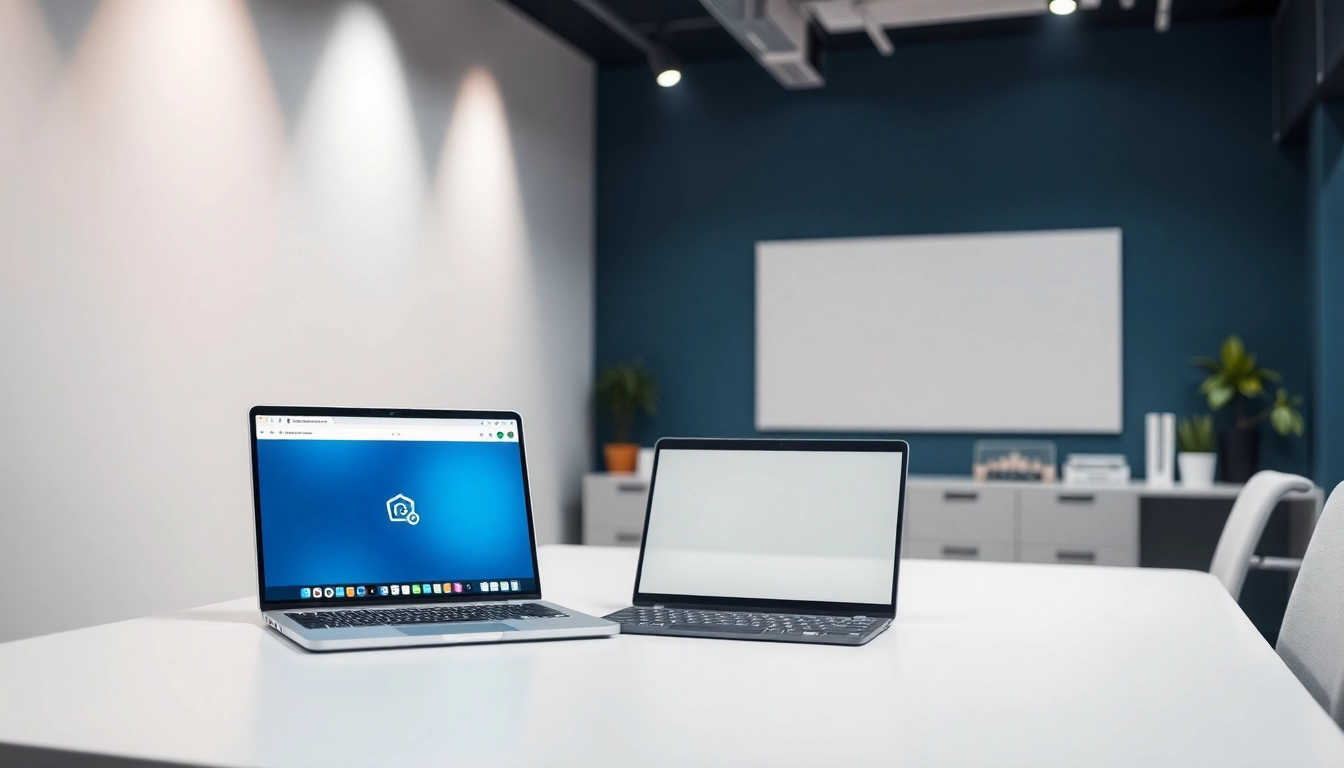 View of a modern office showcasing 美洽官网 on a laptop screen, emphasizing a professional and innovative workspace.