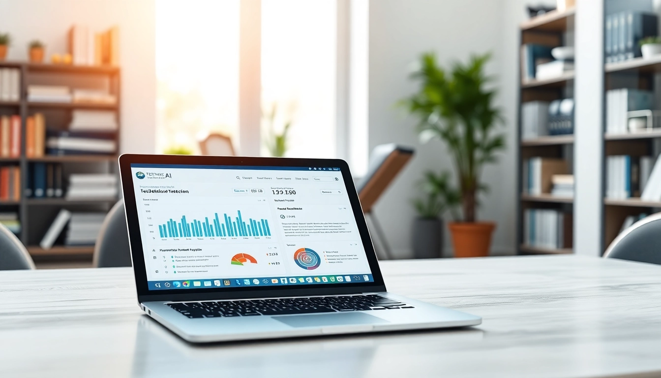 Analyze and showcase AI detection results with a detailed interface view in a modern office.