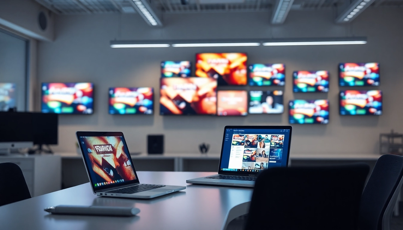 Showcasing a cloud-based digital signage solution setup in a modern office with multiple screens.
