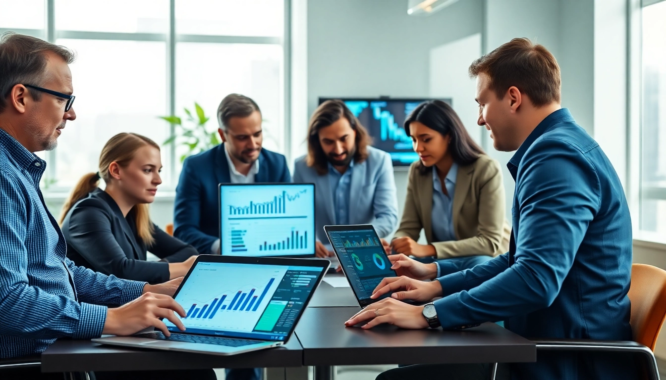Engaging team using AI for competitor analysis in a modern business meeting.