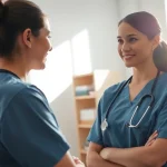 Nurse providing care and guidance under Alabama Board of Nursing standards in a modern clinic.