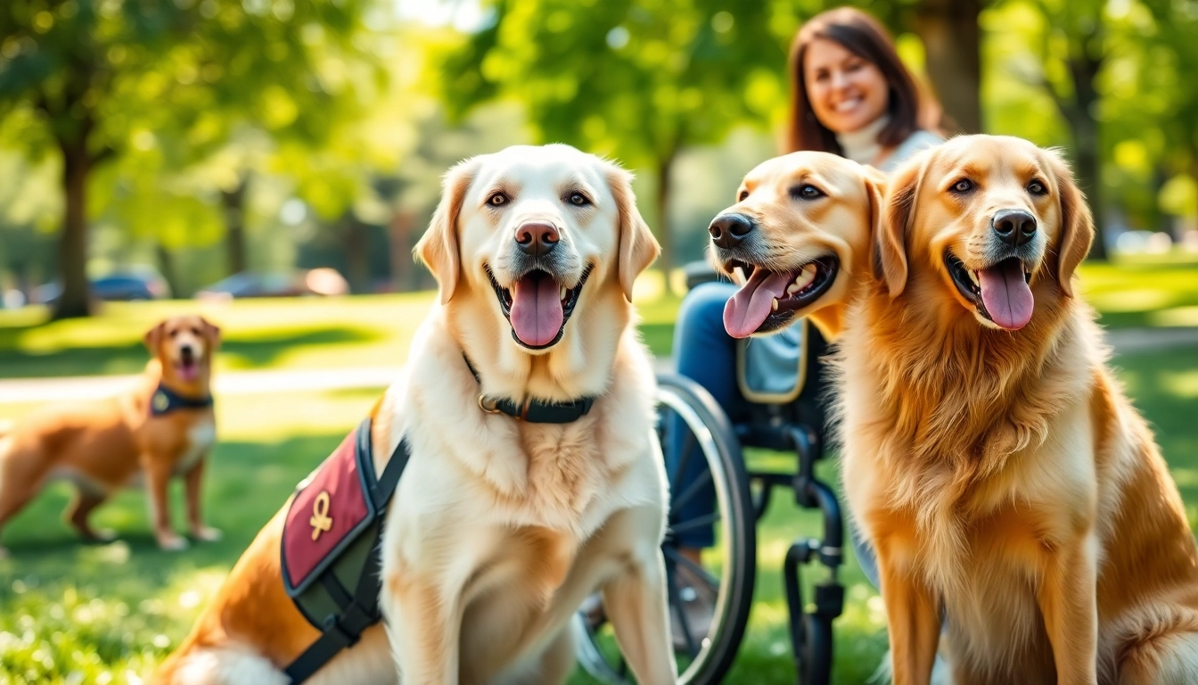 Service dogs for sale showcased with a trained dog sitting beside a smiling person in a wheelchair.
