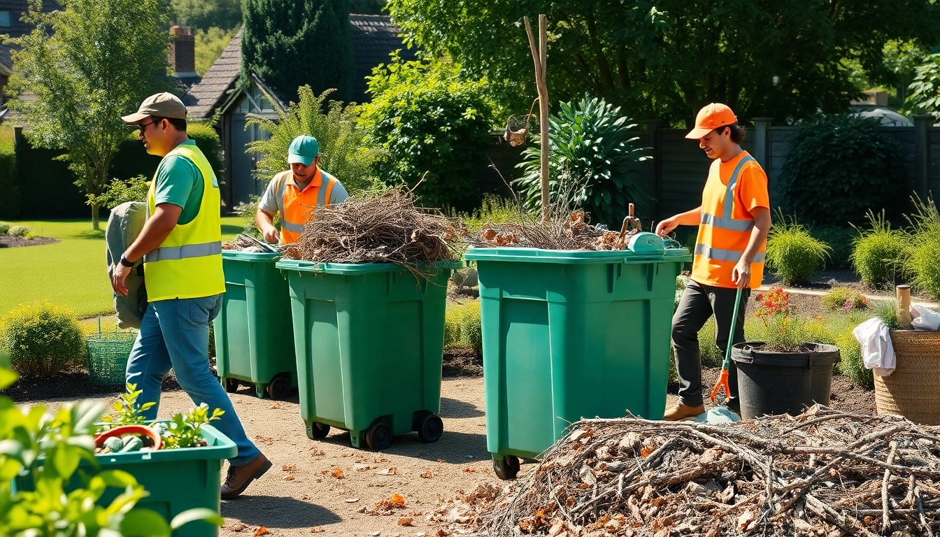 Efficient garden waste collection service team collecting debris in a sunny garden.