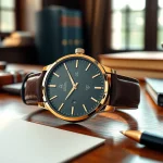 Herren Armbanduhr, auf einem eleganten Schreibtisch mit luxuriösem Lederarmband und feiner Detaildarstellung.