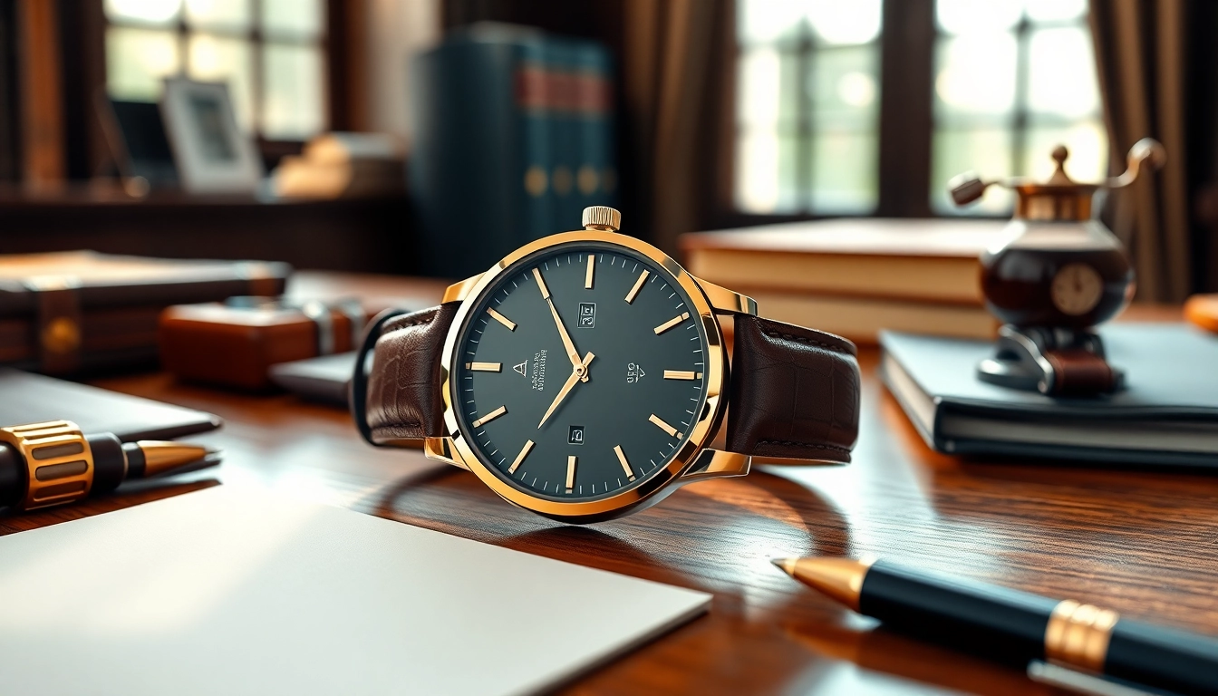 Herren Armbanduhr, auf einem eleganten Schreibtisch mit luxuriösem Lederarmband und feiner Detaildarstellung.