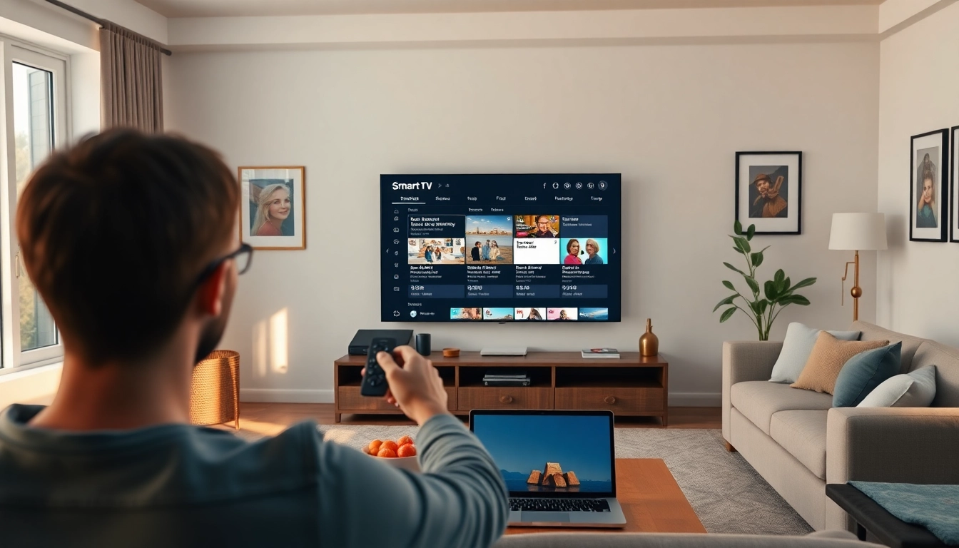 Schedule content on smart TV in a cozy living room with user interaction and modern design.