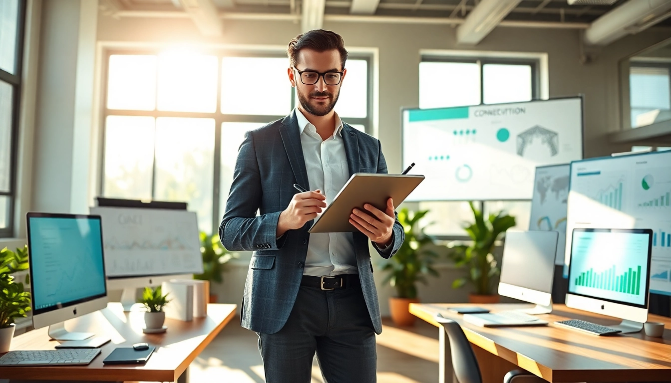 Entrepreneur planning to launch a successful startup surrounded by business plans and technology.