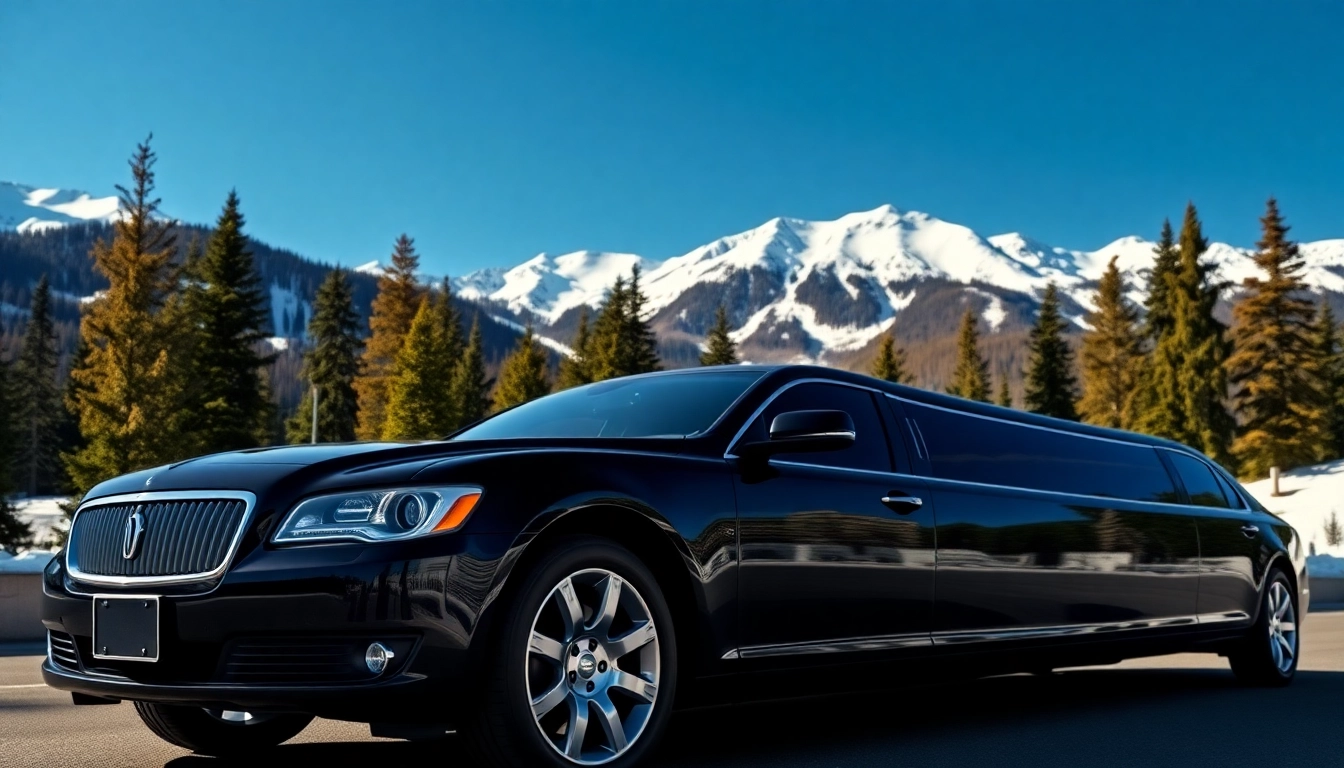 Travel in style with a Whistler limo, featuring a luxurious black limousine beside snow-capped mountains and pine trees.