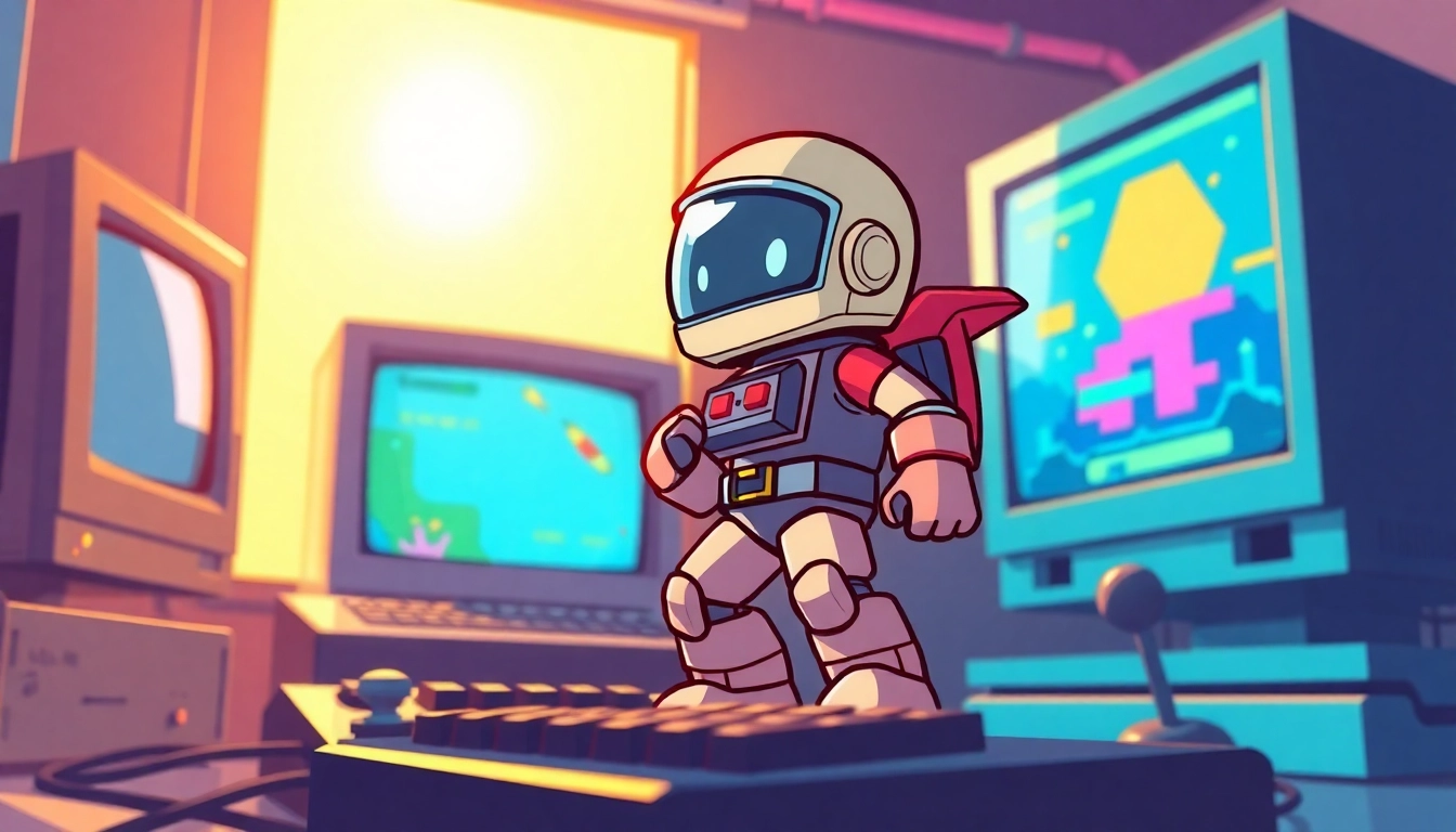 Play classic dos games online featuring a nostalgic DOS game character in a retro gaming scene