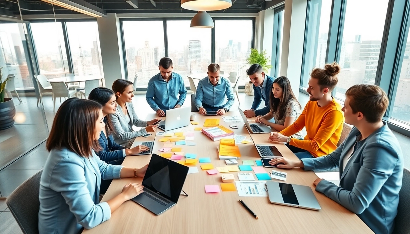 Dynamic scene of a social media agency team working collaboratively in a vibrant office.