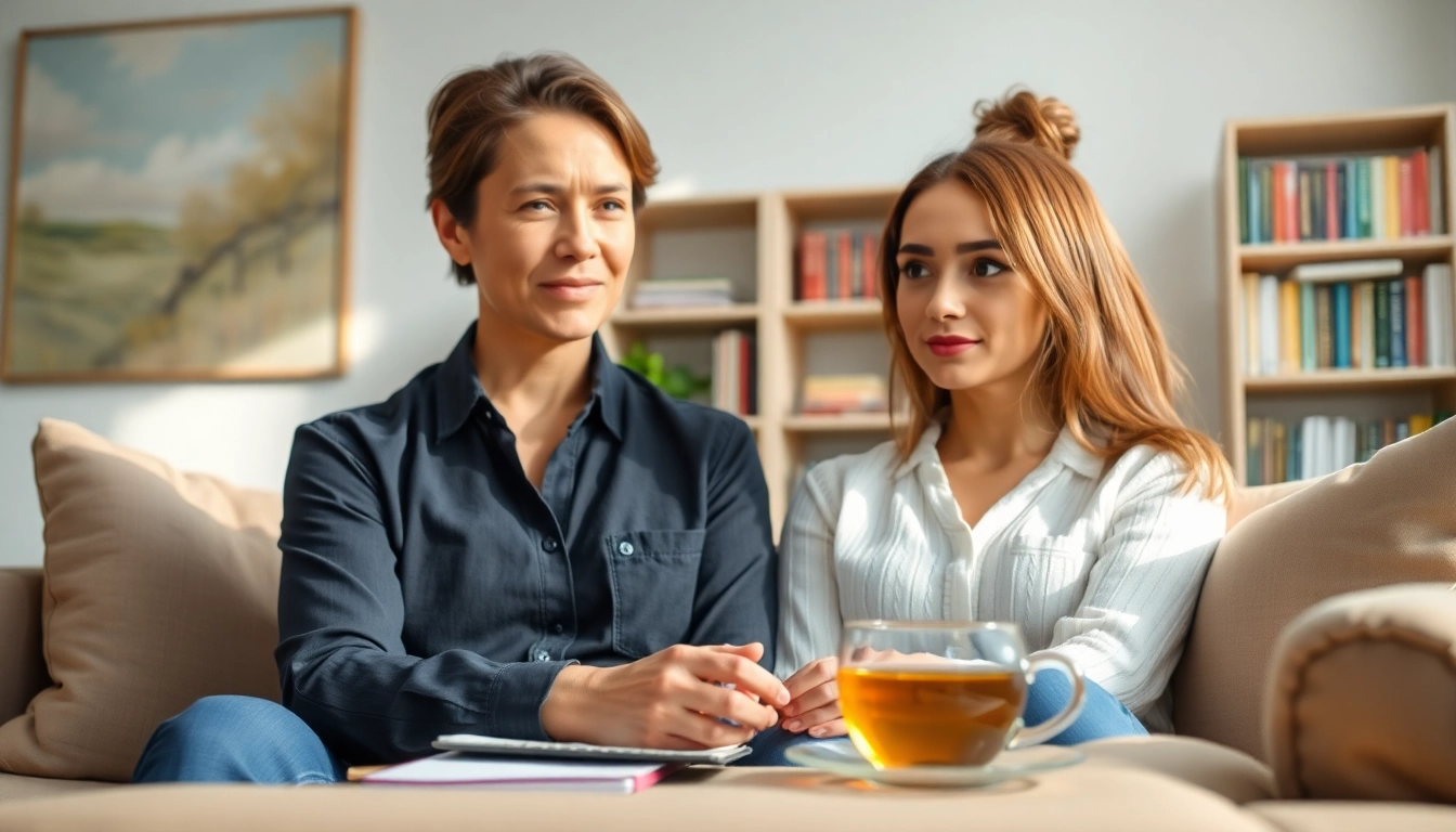 Engaging attachment theory coach providing personalized guidance in a warm office space.