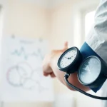 Bluthochdruck messender Arzt mit sphygmomanometer in einer hellen Arztpraxis.