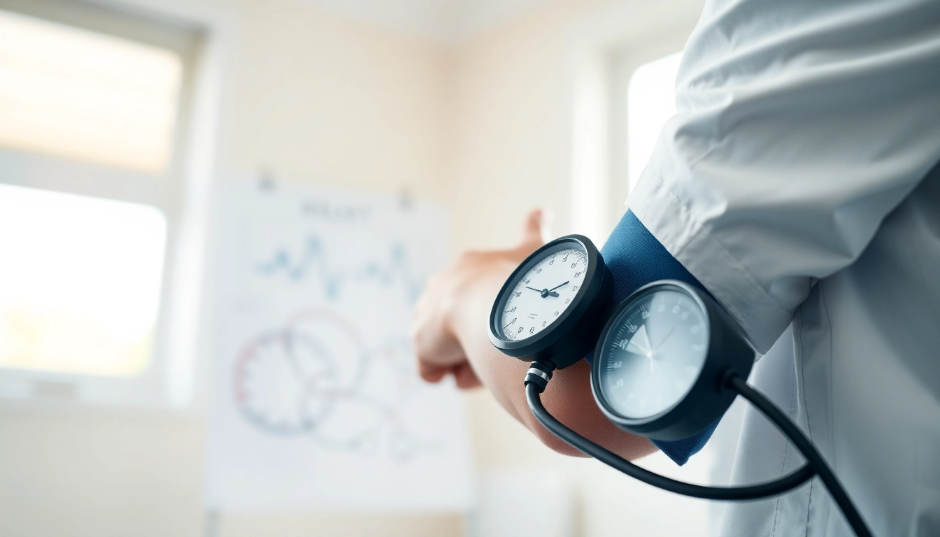 Bluthochdruck messender Arzt mit sphygmomanometer in einer hellen Arztpraxis.