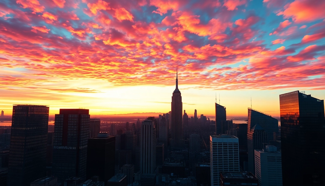 Showcasing stunning canvas print art of a vibrant city skyline at sunset.