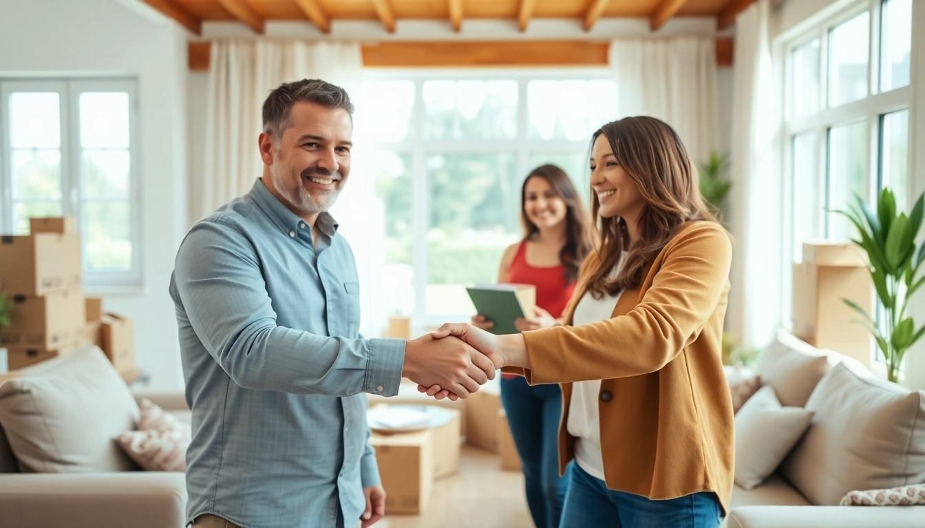 Direct home buyers engaging in a friendly negotiation with a homeowner in a warm setting.