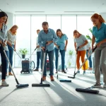 Commercial cleaning Melbourne team expertly cleaning an office space with natural light.