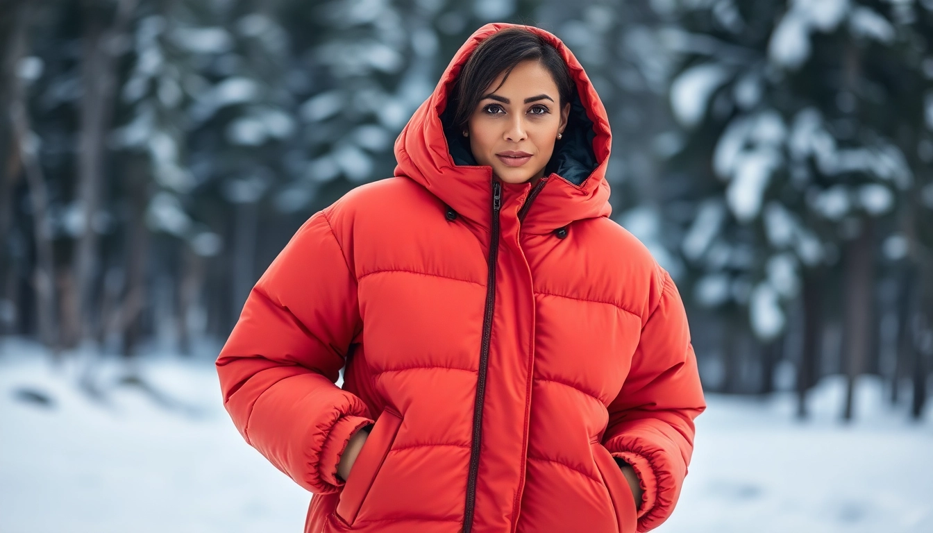 Model wearing an Oversize Puffer Jacket with oversized hood and pockets in a winter setting.
