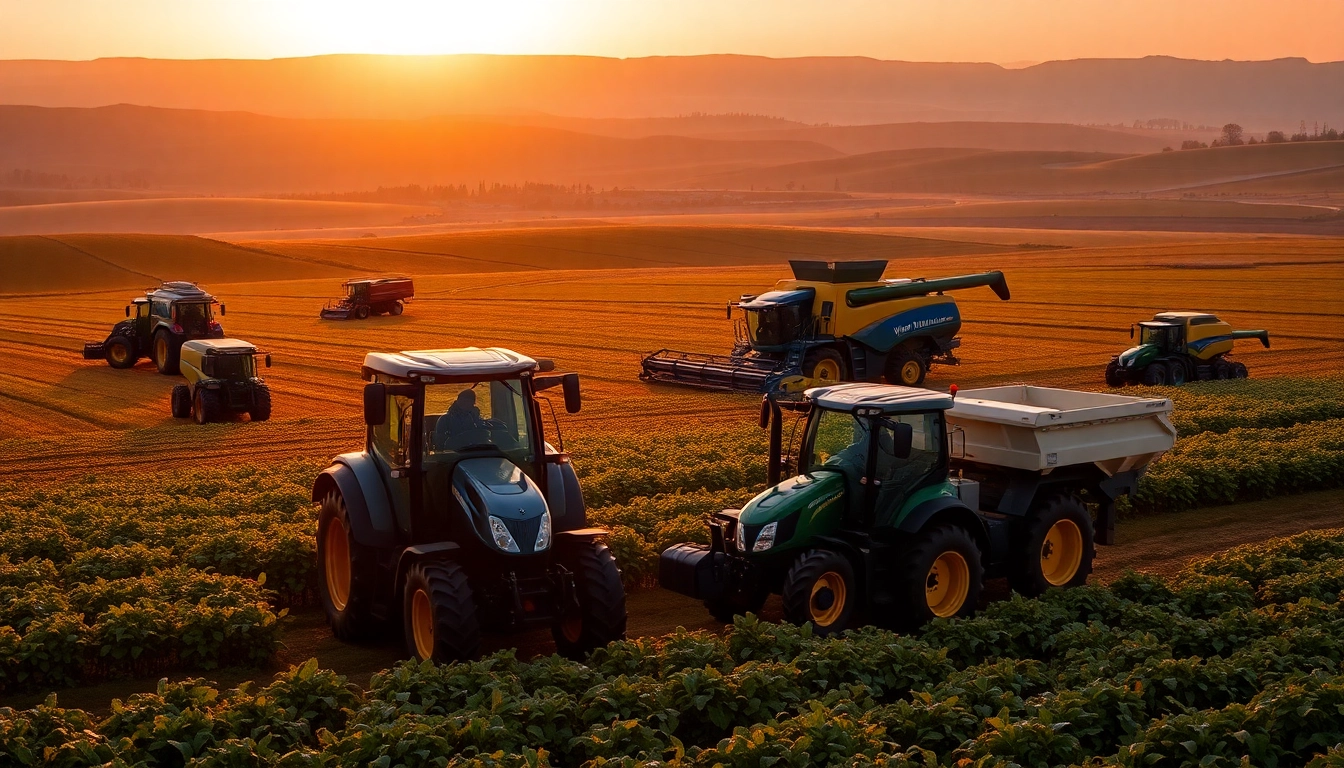 New Holland Traktoren und Maschinen bearbeiten Felder in einer malerischen Landschaft.