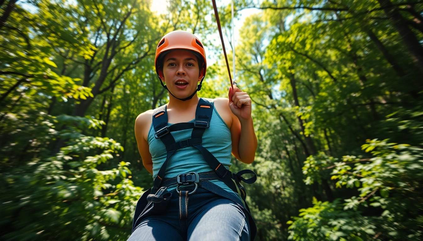 Thrill-seeker enjoying the adventure with a ZIP WIRE KIT in a lush forest.