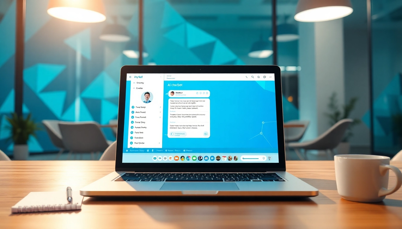 Engaging ai chat bot interface in a modern office, illustrating interactive technology.