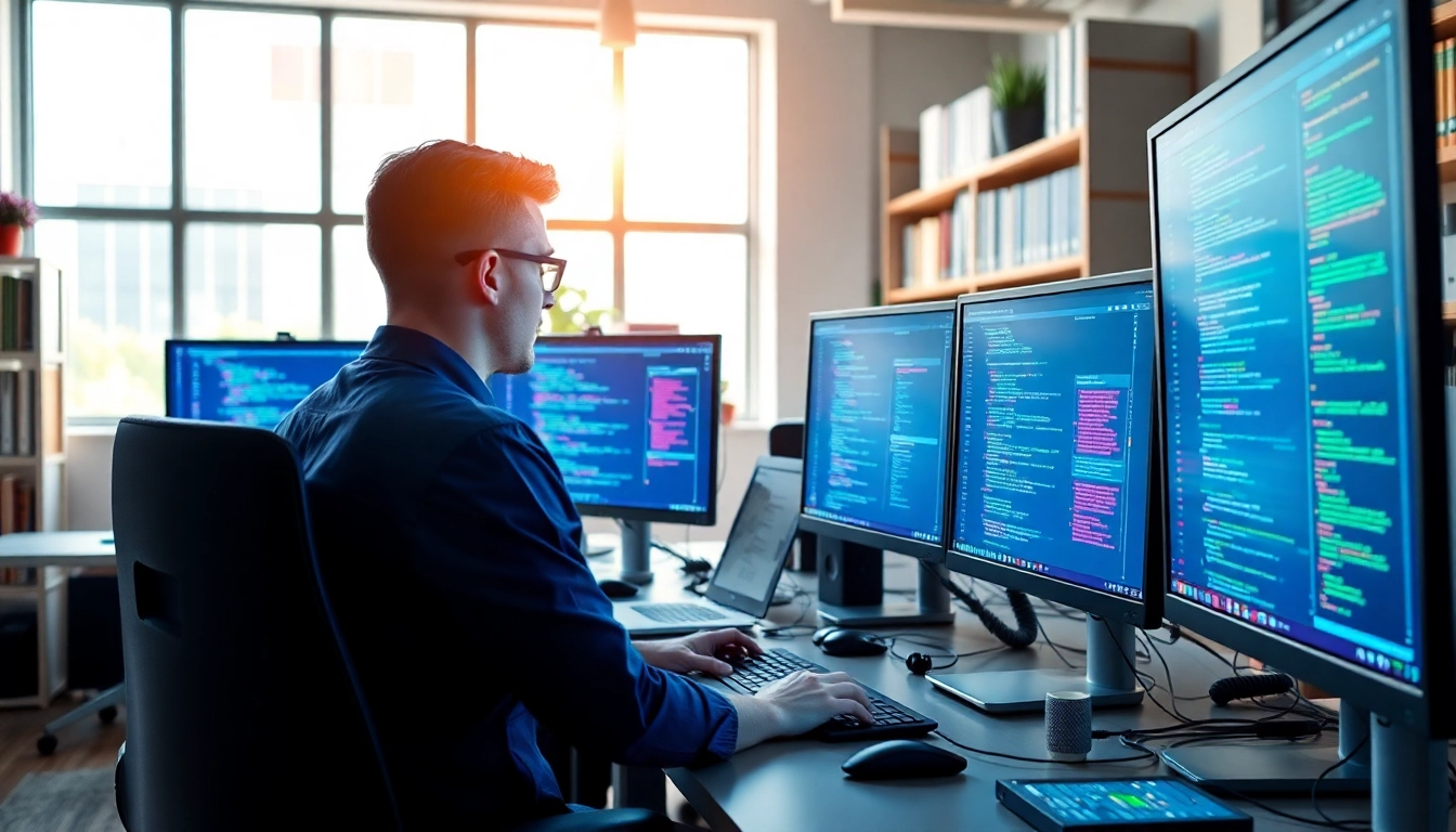 Engaging visual of web development workspace featuring vibrant coding displays.