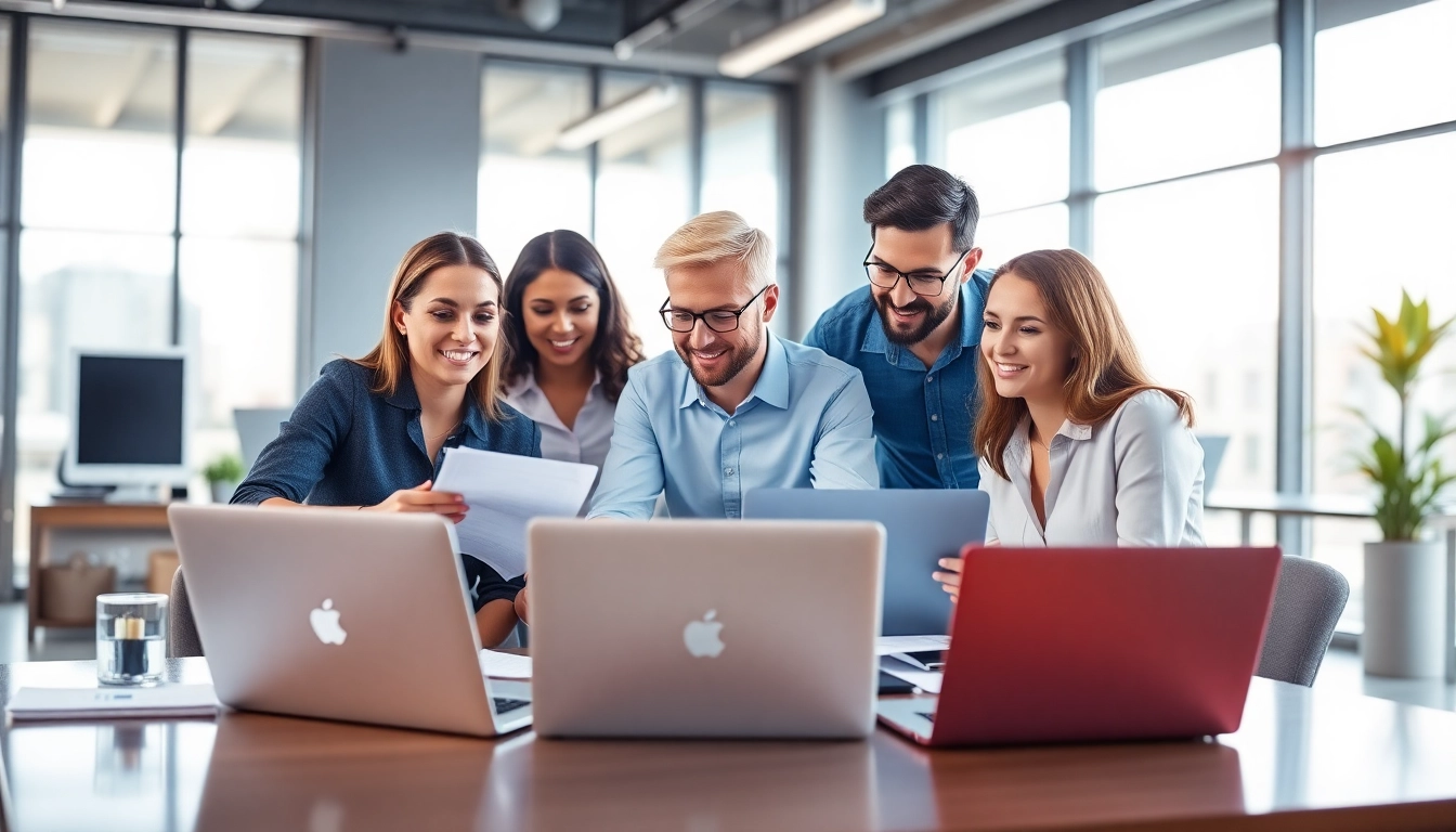Streamlined managed IT service team collaborating on strategies in a professional office.