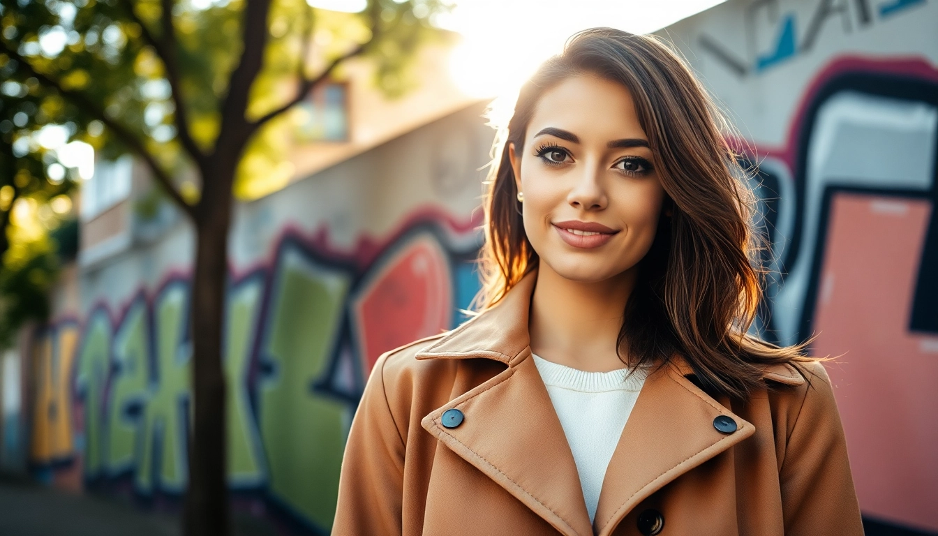 Woman showcasing stylish jacket women trend in an urban street art backdrop.