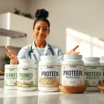 Protein Powder çeşitlerini sergileyen sağlıklı bir mutfak ortamı.