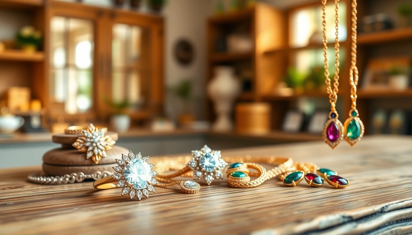 Showcase of the best jewelry including a diamond ring and colorful gemstone earrings on display.