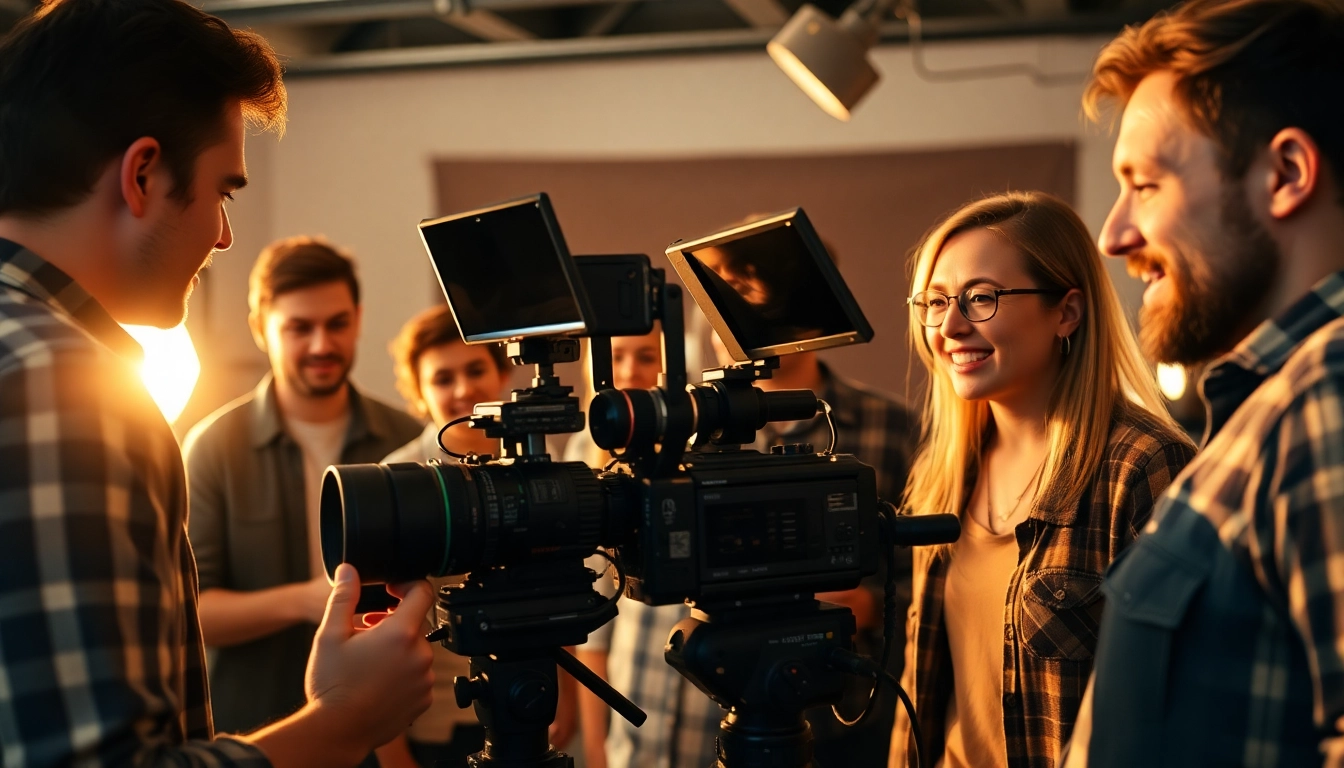 Capture a vibrant teamwork moment in 영상프로덕션 showcasing creative collaboration on set.