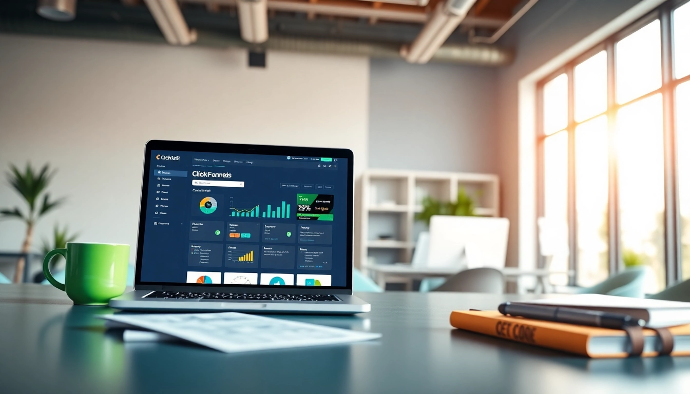 Engaging digital marketing setup showcasing ClickFunnels Classic dashboard on a laptop in a bright office.