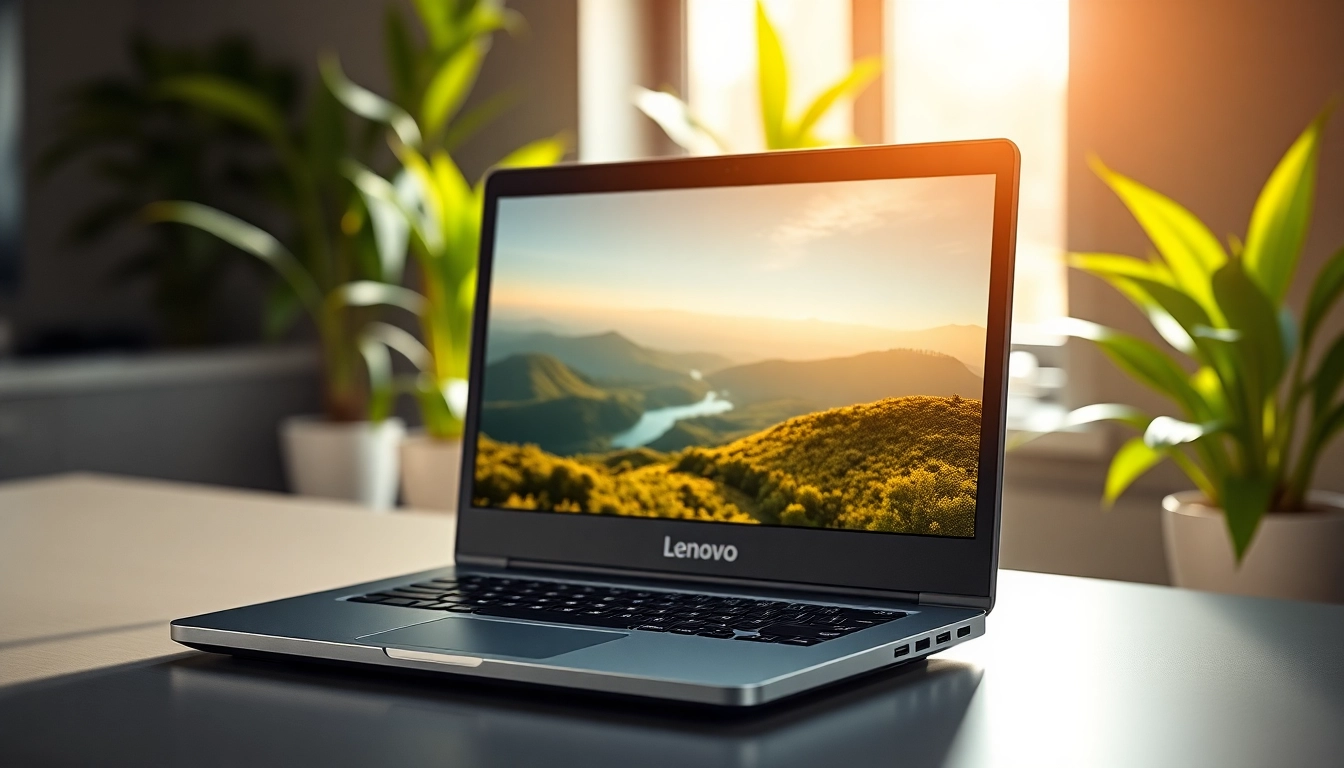 Showcasing a Lenovo Laptop on a sleek desk with a vibrant background and natural light.