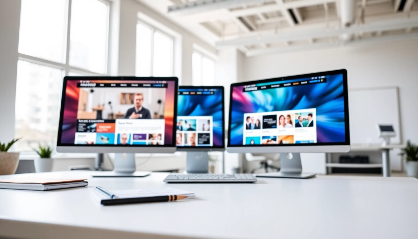 Showcasing web design tools and vibrant website layouts in a modern workspace setup