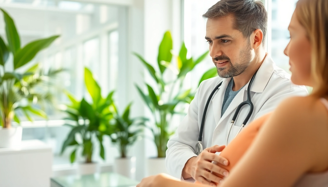 Addressing aesthetic skin concerns with an expert dermatologist in a bright clinic setting.