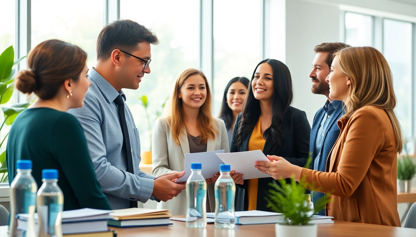 A professional environmental law firm lawyer discusses strategies with clients in a bright office.