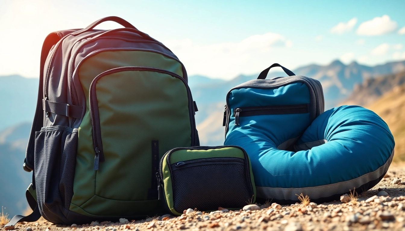 Showcase of travel gears including a stylish backpack, travel organizer, and pillow for outdoor adventures.