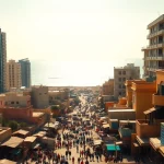 Mogadishu km square depicted with vibrant city streets and scenic ocean in the background.