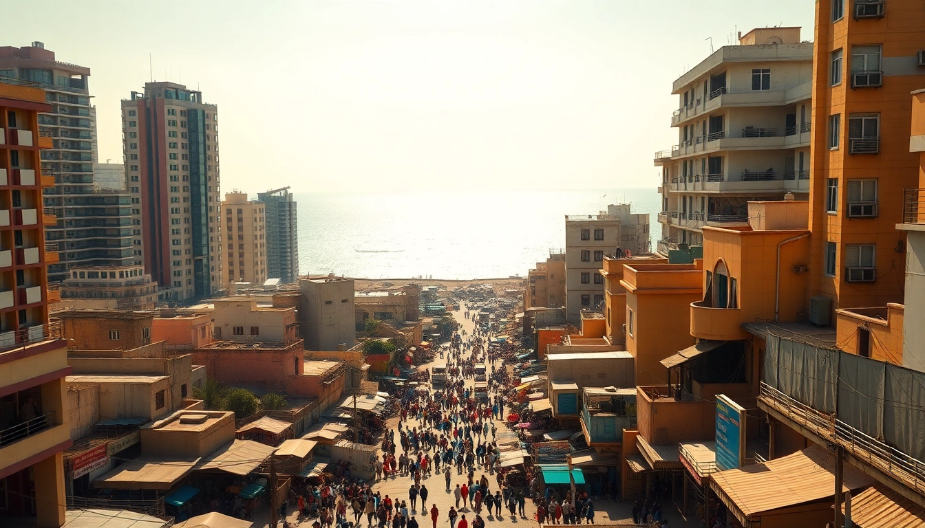 Mogadishu km square depicted with vibrant city streets and scenic ocean in the background.