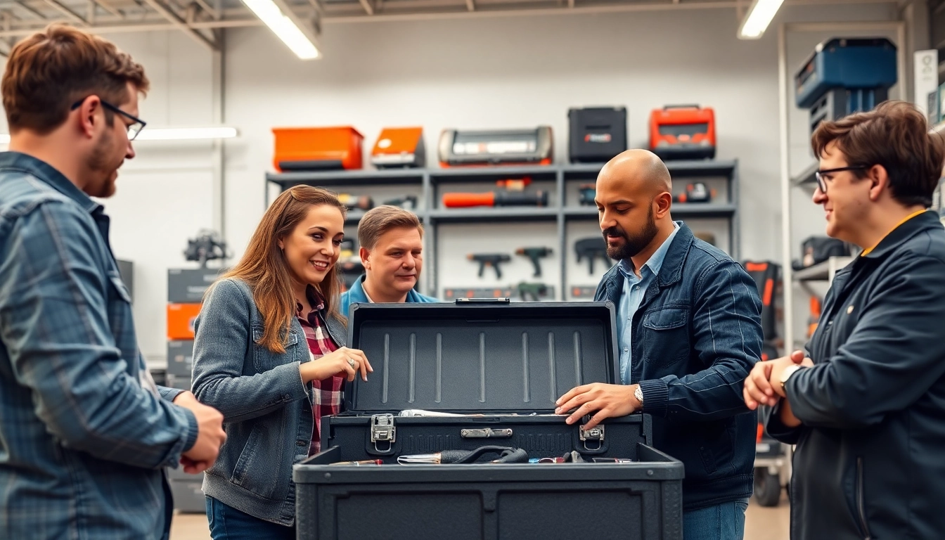 Buyers engaging with high-quality work truck tools and equipment in a modern retail environment.