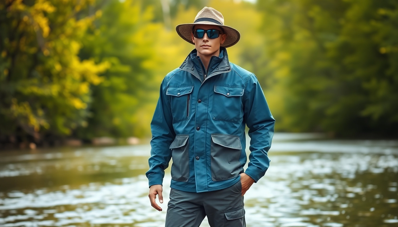 Showcasing fly fishing apparel styled with a colorful fishing jacket and accessories in a serene river setting.
