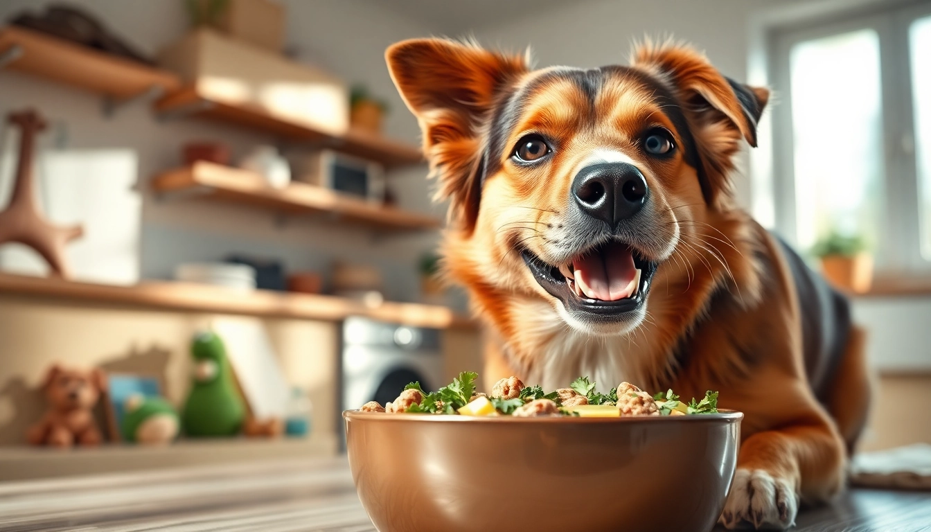 Dog enjoying dr marty pet food canada in a bright kitchen, showcasing health and happiness.
