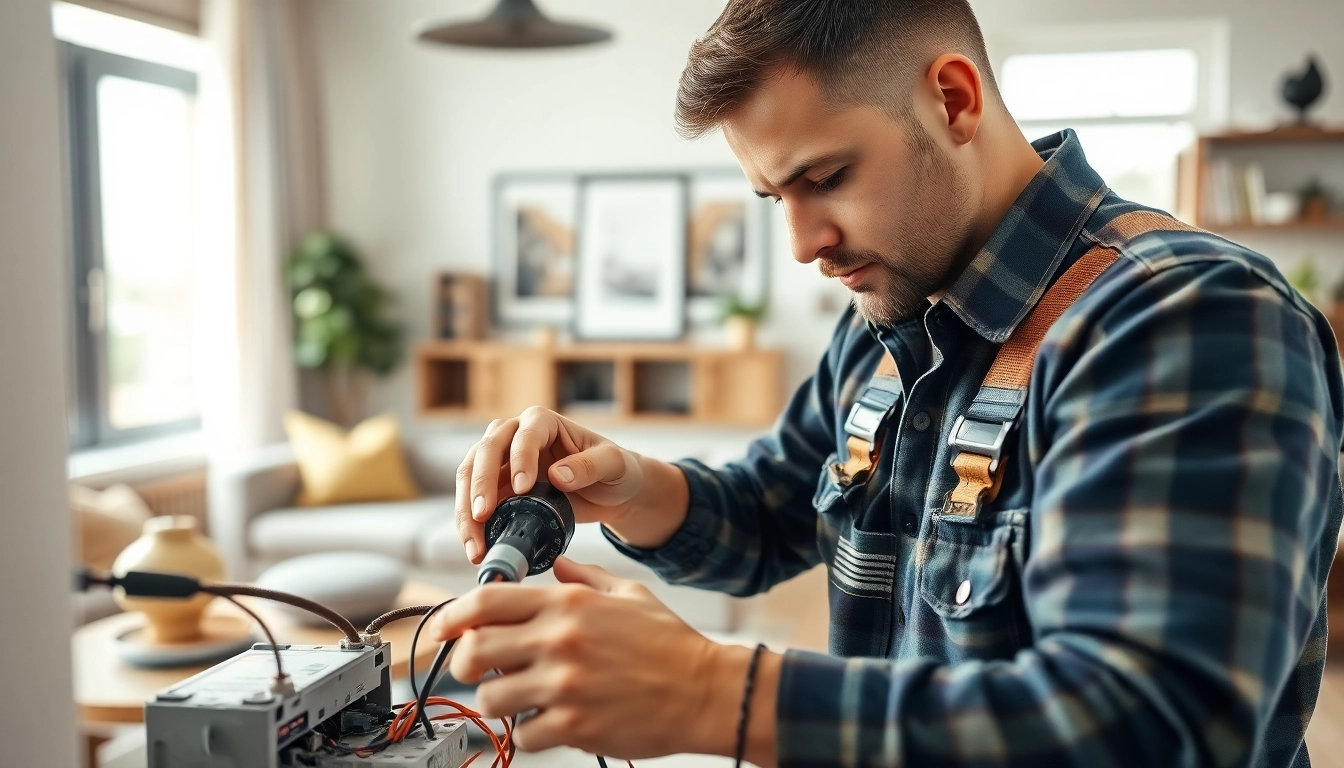Offering expert Electrical Service in a home setting, showcasing a professional electrician at work.